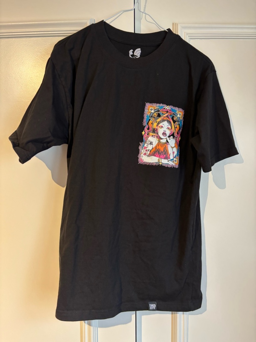 Black Graphic Short Sleeve Tee with Colorful Portrait